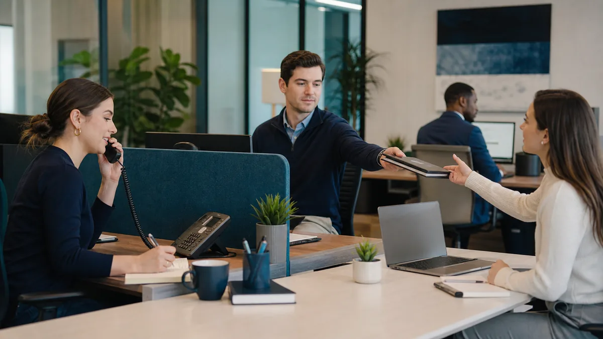 Recruitment team handing off a candidate case between desks with clear notes and next actions