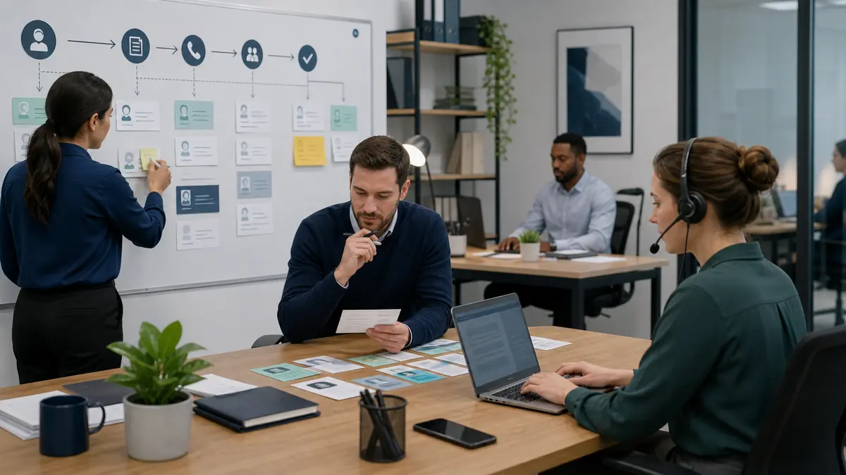 Recruitment operations team reviewing a structured candidate intake workflow in a modern office