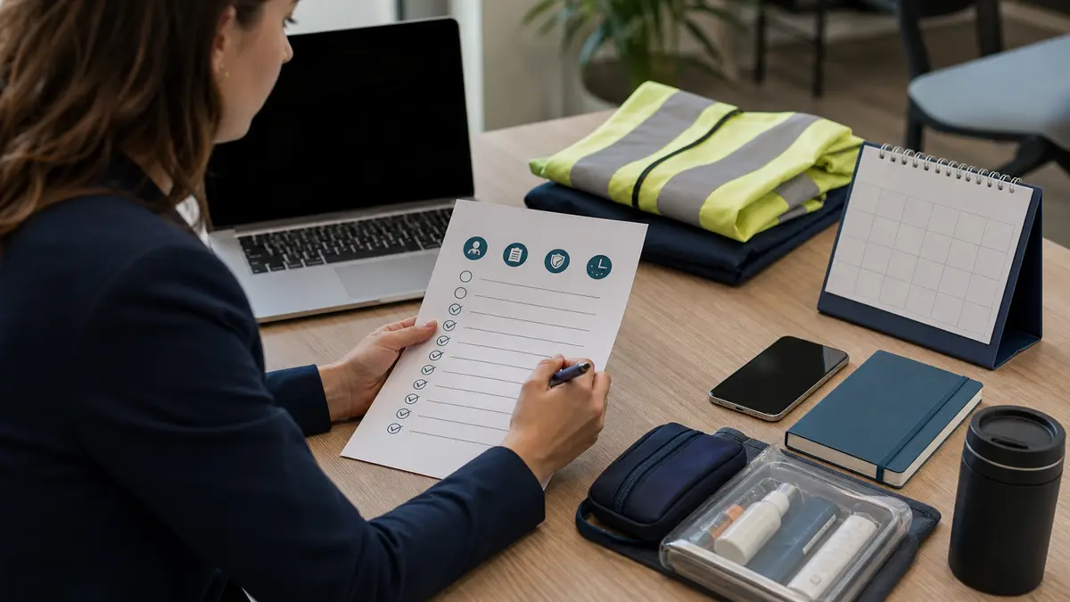 Recruiter reviewing a candidate start-readiness checklist with work gear and scheduling tools on a desk