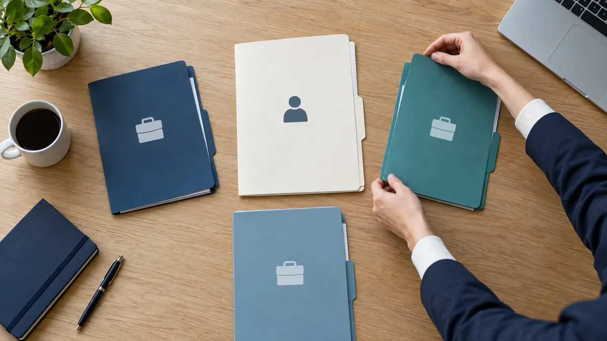 Recruiter's hands arranging separate vacancy folders around one candidate folder on an office desk