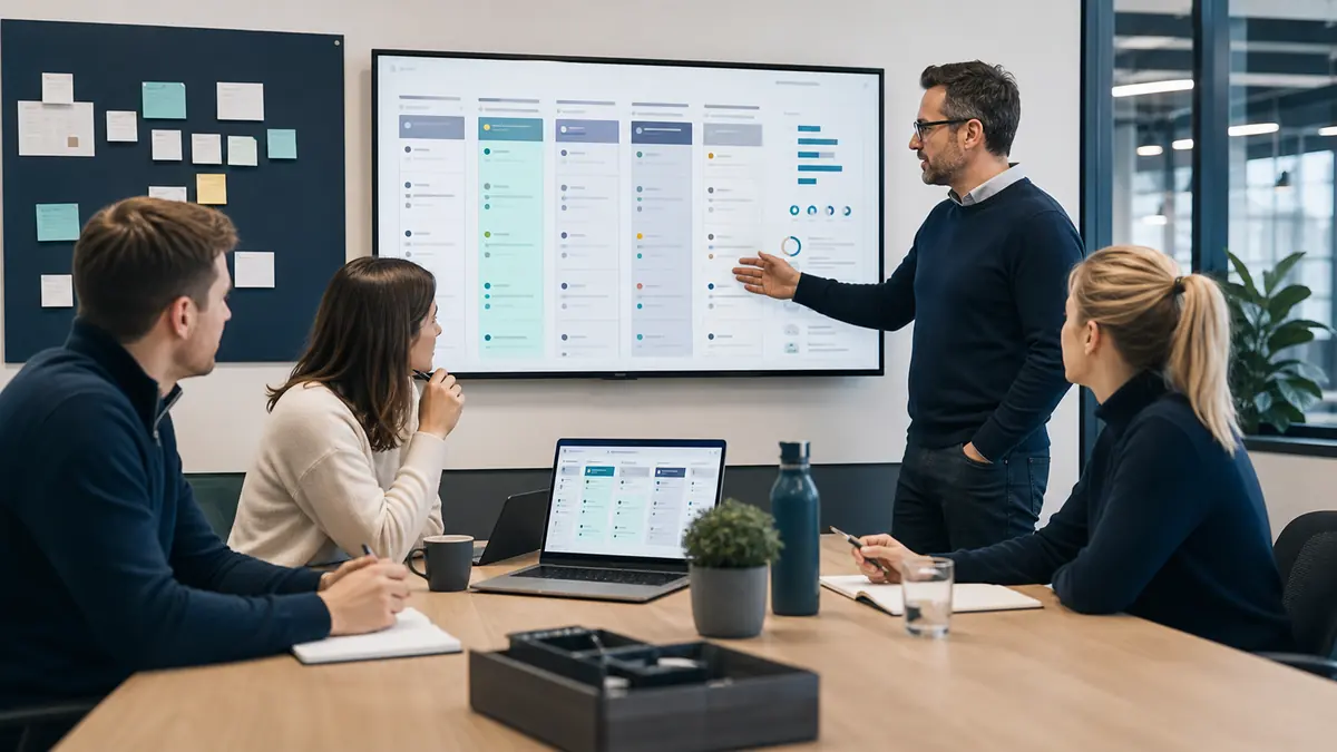 Recruitment team reviewing recruiter queues and candidate ownership on a staffing CRM board