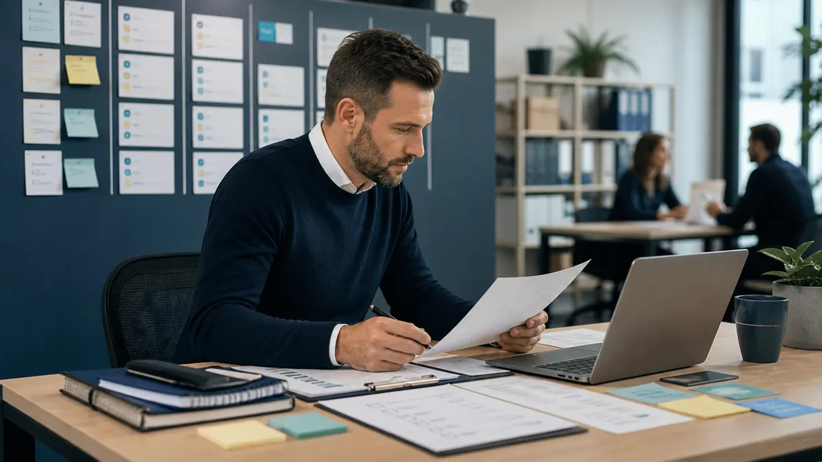 Staffing operations manager reviewing a recruitment CRM audit checklist with pipeline and workflow notes