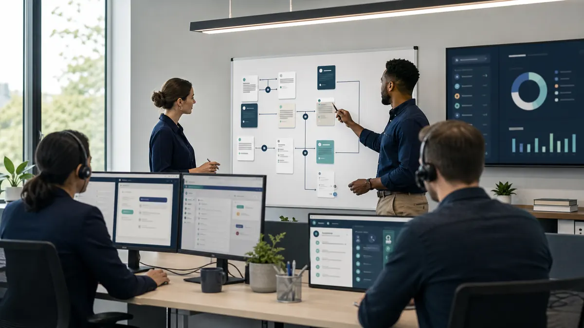Recruitment operations leaders planning a staffing CRM implementation in a modern office