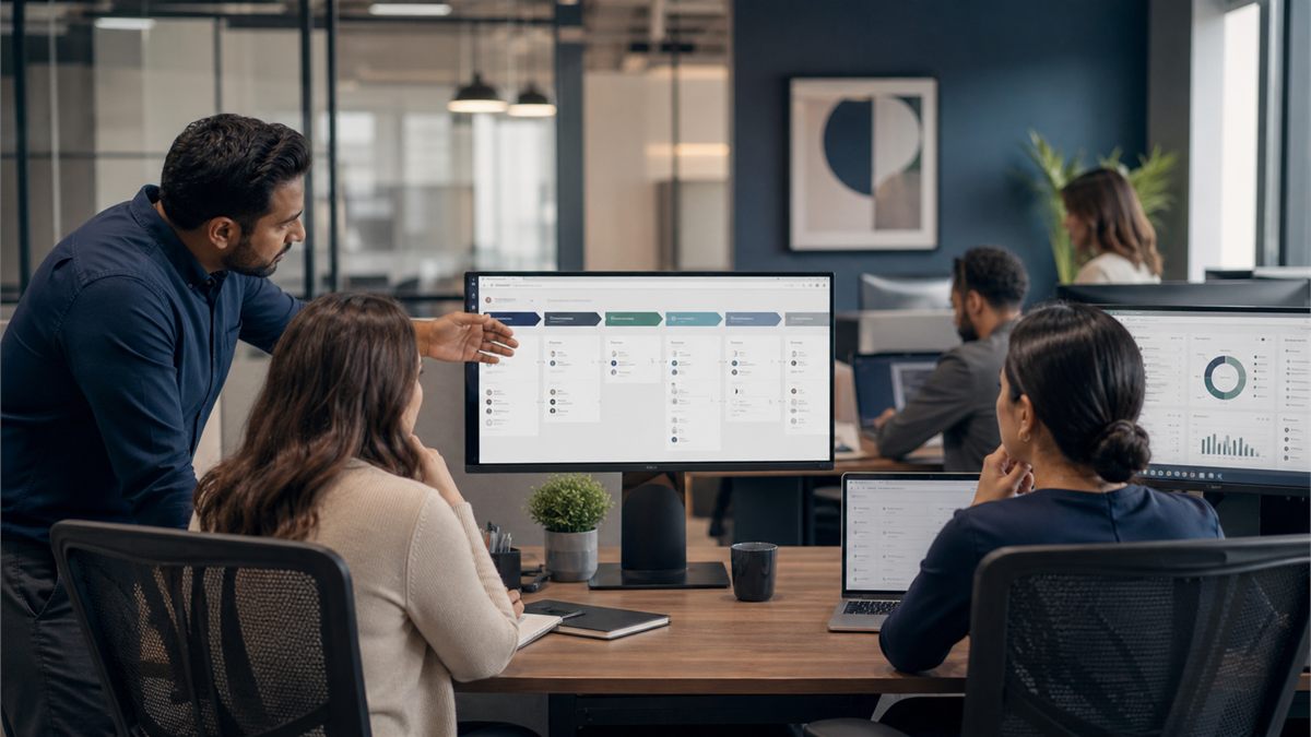 Recruitment operations team reviewing structured CRM pipeline stages in a modern office